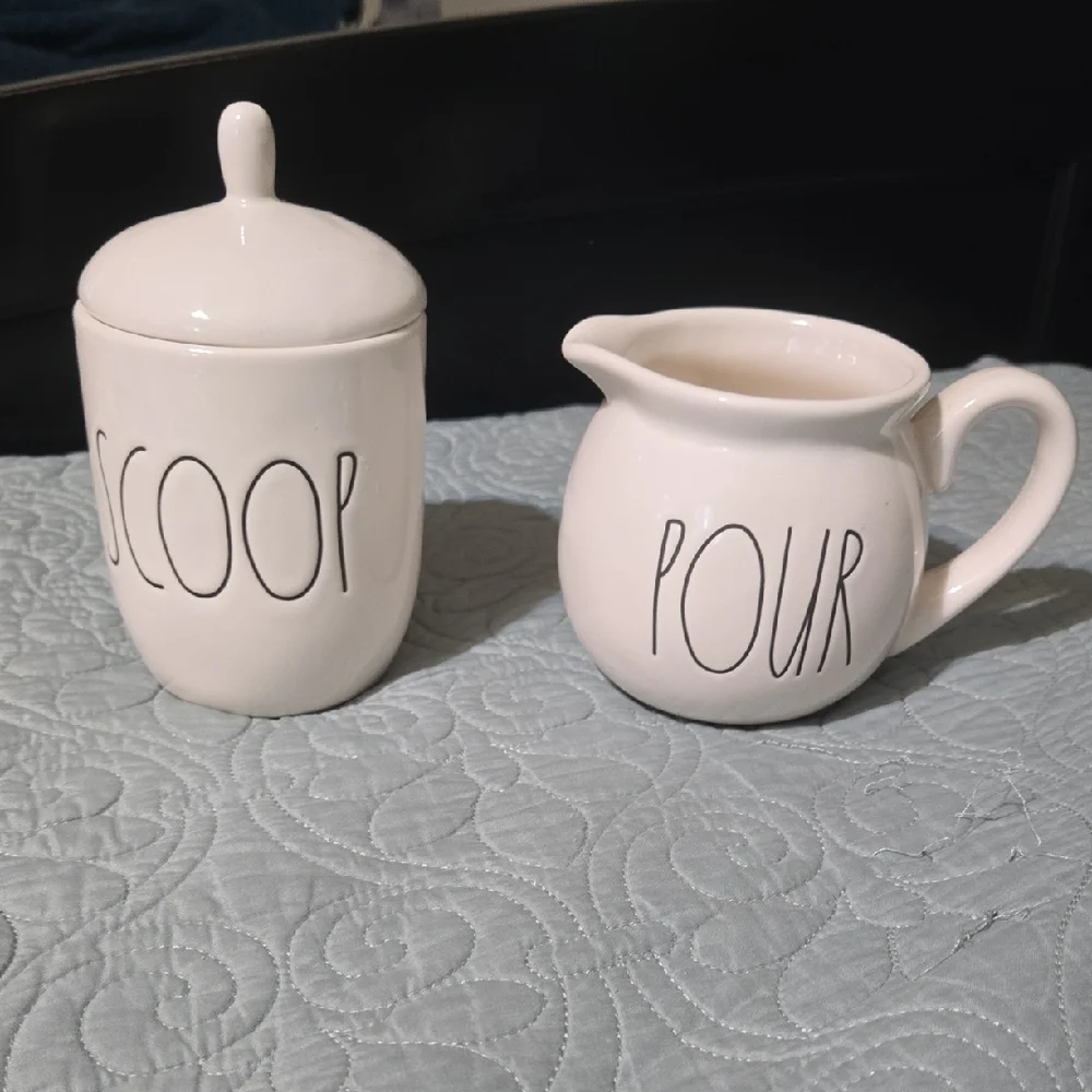 Rae Dunn White Ceramic Scoop and Pour Sugar and Creamer Set